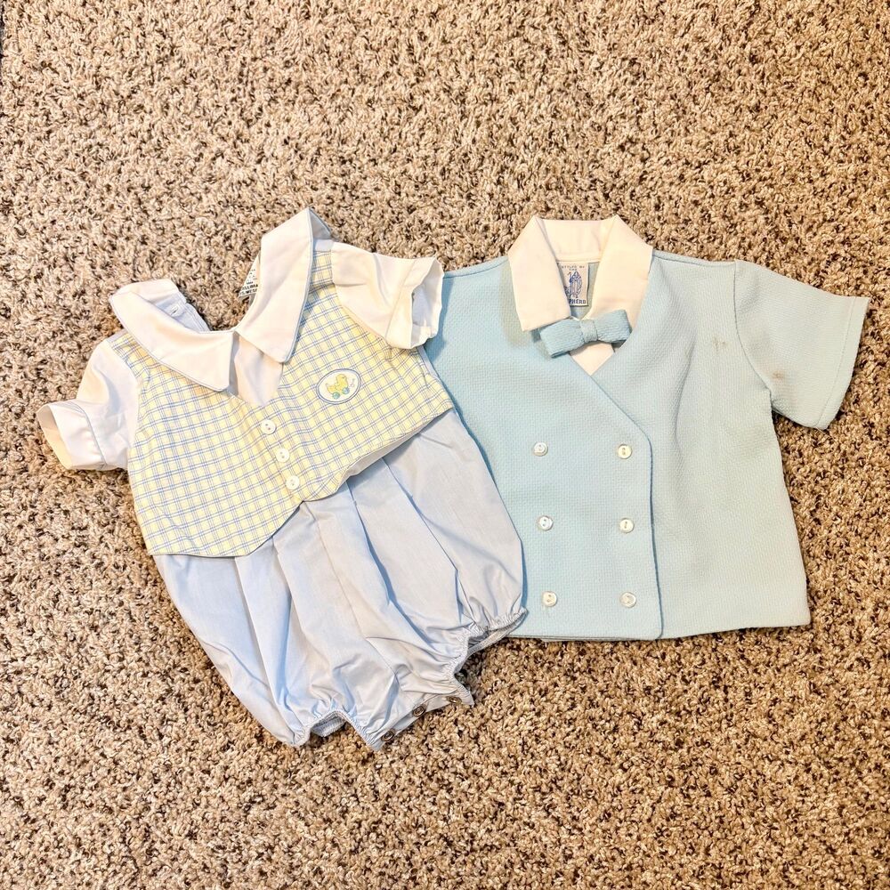 Vintage Baby Boy Outfit Lot 3 Months Duck Romper Shepherd Blue Jacket USA